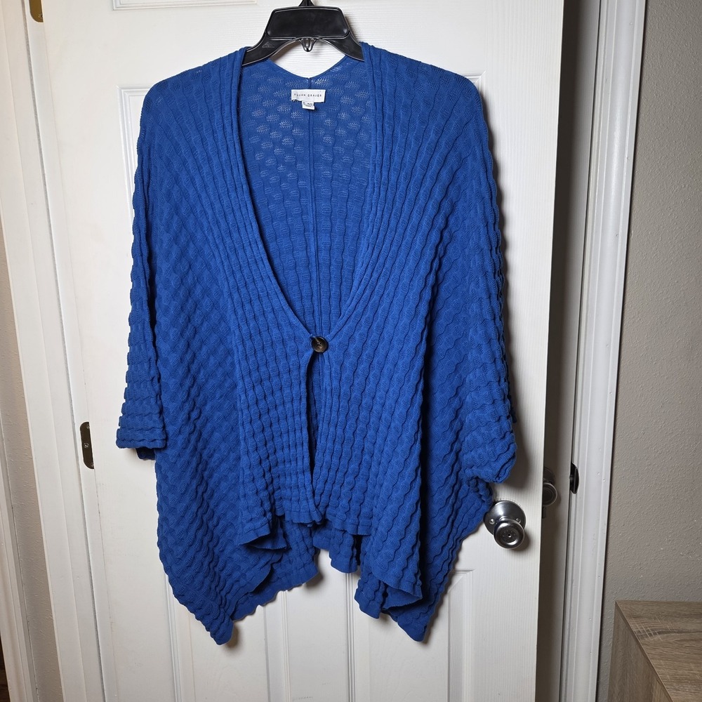 Susan Graver sz‎ XL/1X blue 1 button 3/4 slv sweater cardigan poncho 100% cotton